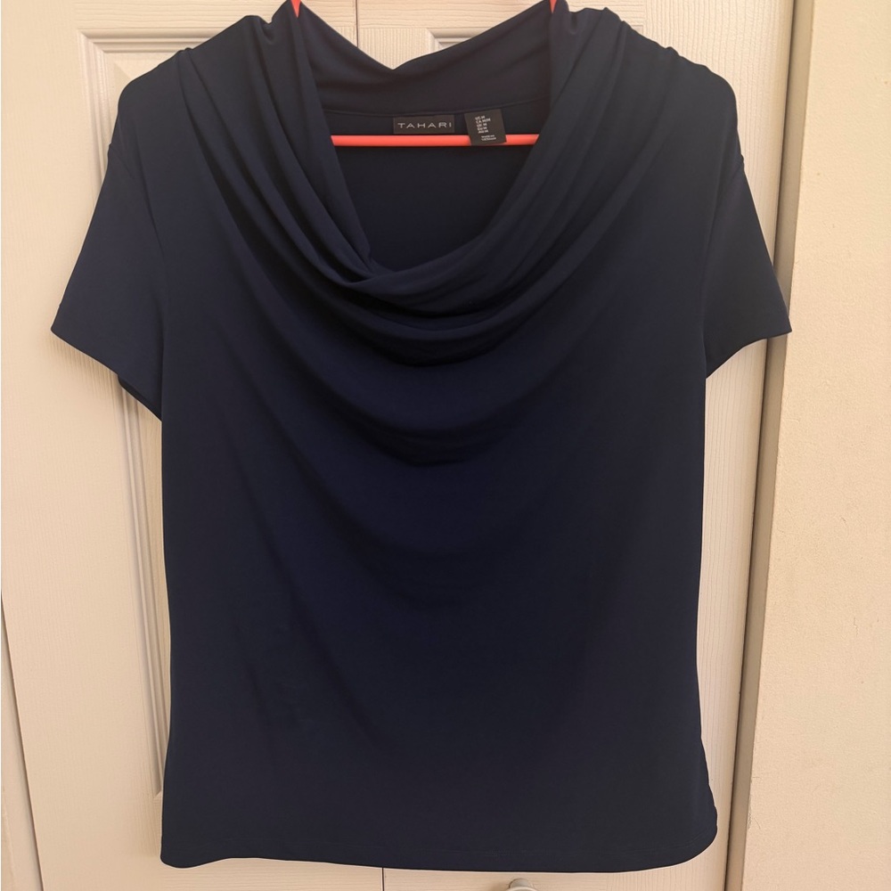 🔴Tahari Navy Draped Cowl Neck Short Sleeve Top